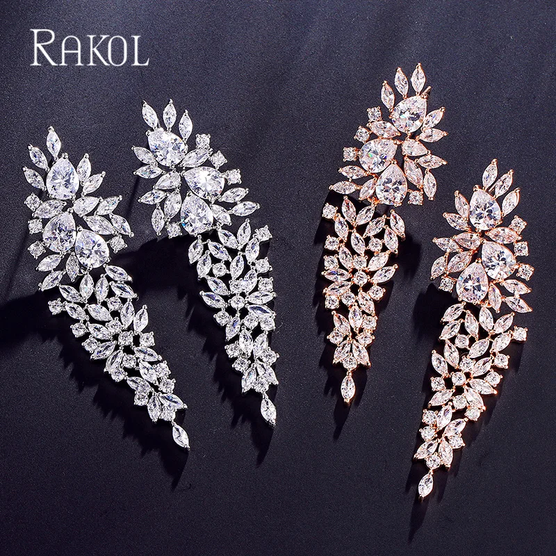 

RAKOL Luxury Cluster Cubic Zirconia Long Dangle Earrings for Women Bridal Wedding Party Jewelry