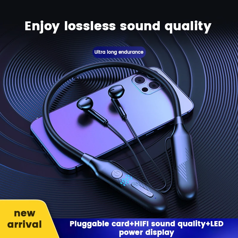 

YOVONINE 160 Hours Endurance Bluetooth5.0 Headphones Stereo Bass Wireless Headphone Neckband Power LED Display Headset TF Card