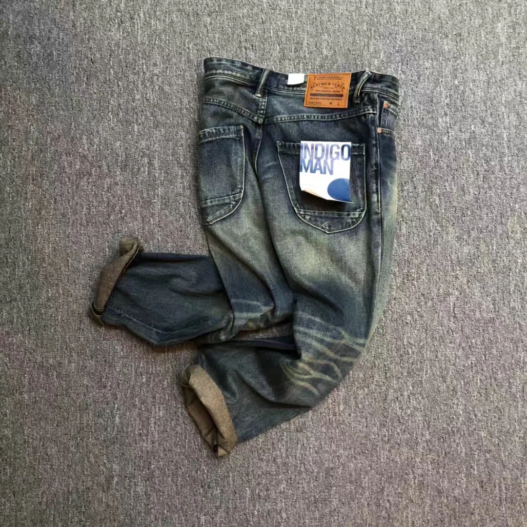 American-style washed old straight elastic heavy denim jeans men's Amikaji slim straight pants tide