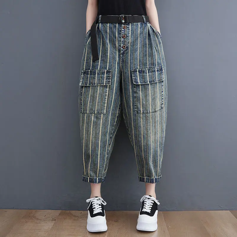 Женские джинсовые брюки до щиколотки хлопковые свободные шаровары в полоску с