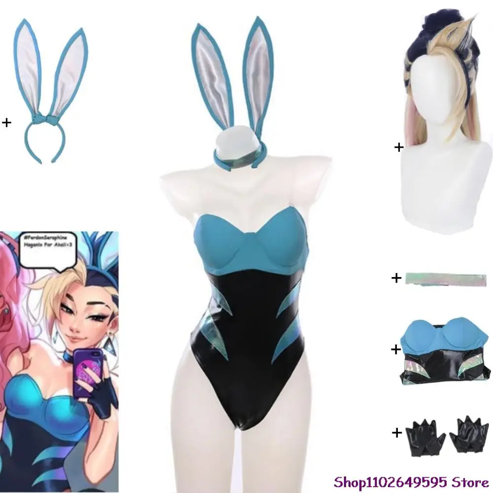 

Game LOL KDA The Rogue Assassin Akali Cosplay Costume Wig Anime Rabbit Ears Sexy Woman Outfit Halloween Bunny Girl Uniform Suit