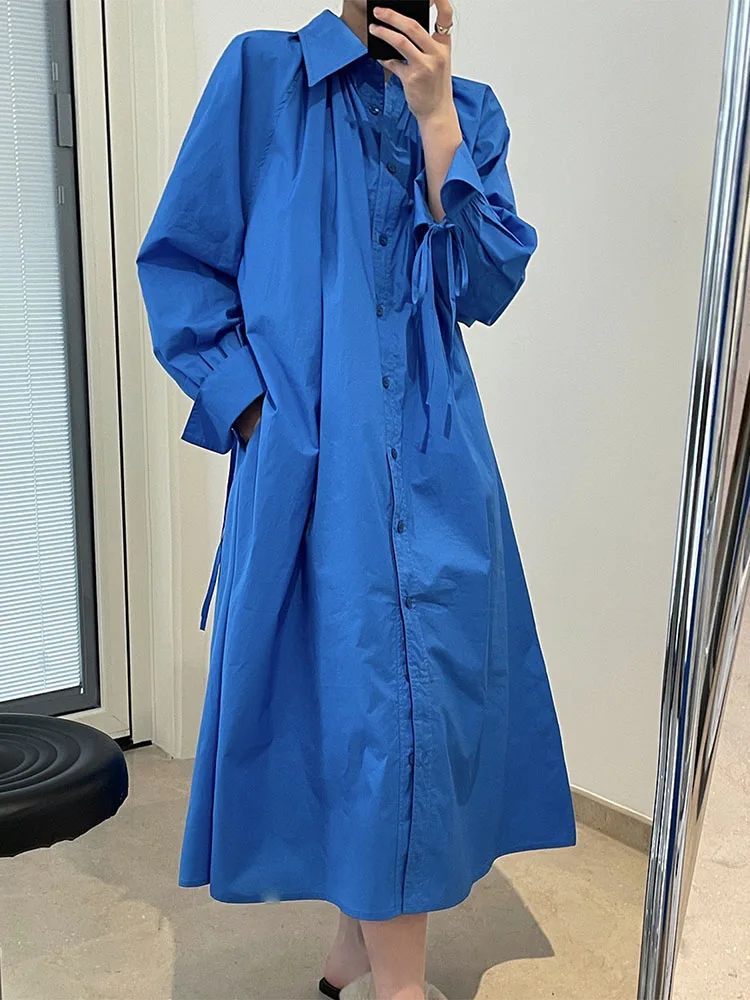 

XITAO Drawstring Dress Fashion Solid Color Full Sleeve Single Breast Goddess Fan Casual Style Pocket Minority Dress WMD5194