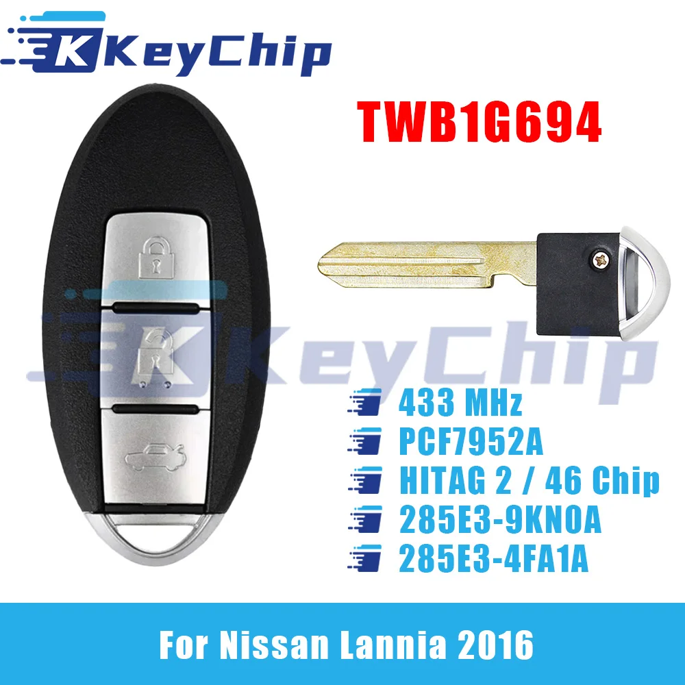 

KeyChip Pro для Nissan Lannia 2016, 3 кнопки, смарт-ключ, 433 МГц, PCF7952A, 46 чип TWB1G694 285E3-4FA1A 285E3-9KN0A 285E3-3NL3A
