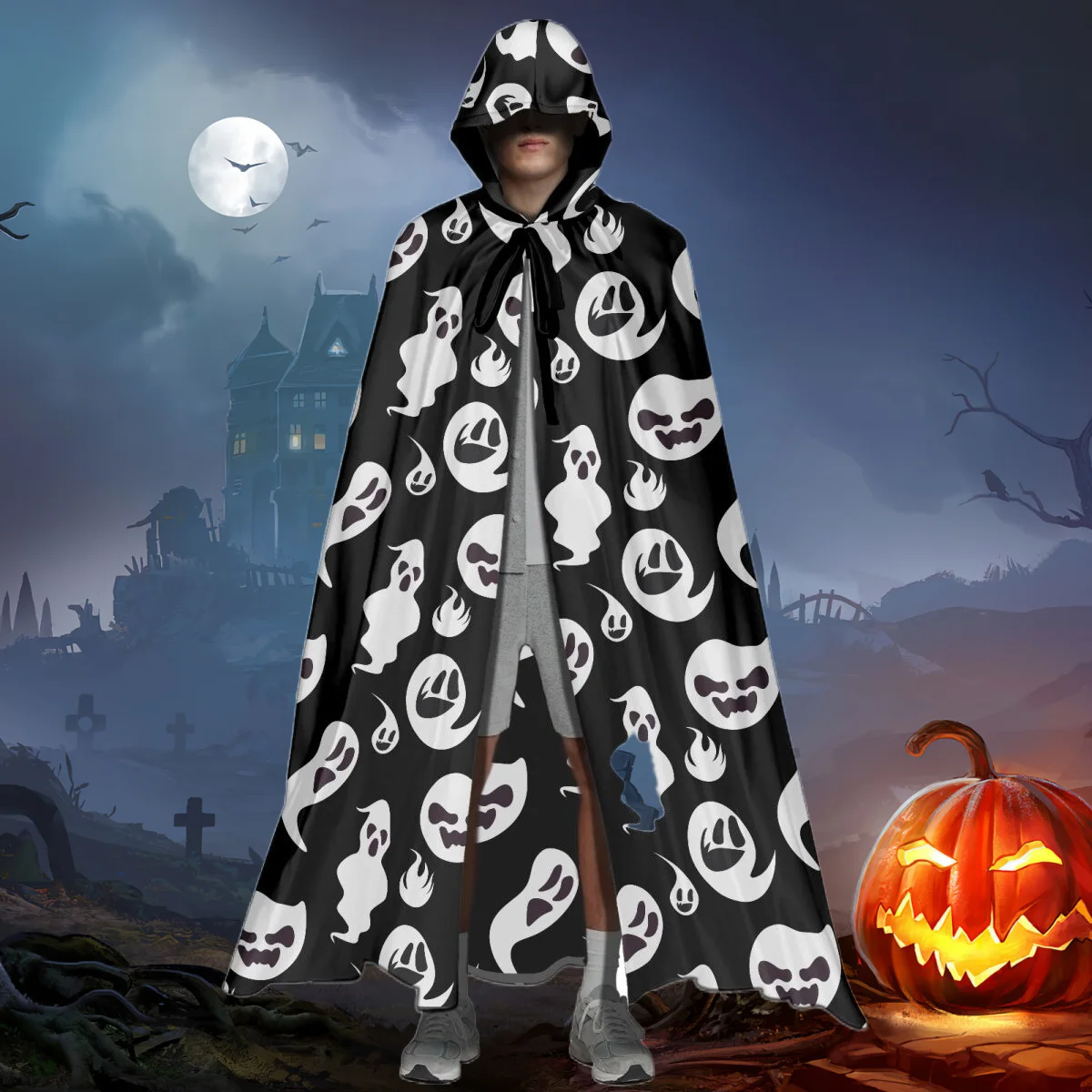 

Black and White Pumpkin Ghost Cloak Coat for Womens Mens Winter Cape Holloween Coat Unisex Casual Cosplay Costume Long Robes