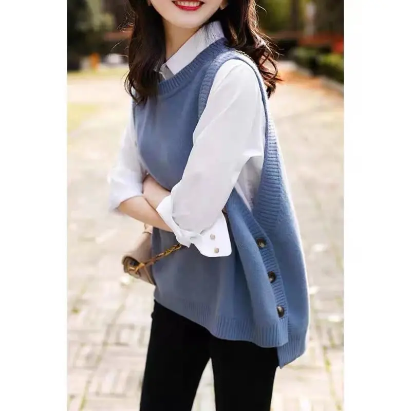 

2022 Women's Spring Autumn New O-neck Sleeveless Tops Female Loose Knitted Vest Ladies Solid Color Sweater Vest Tops T292