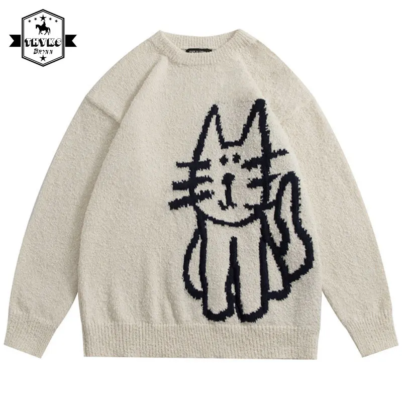 

Женский вязаный свитер в стиле Харадзюку С мультипликационным аниме, Мужской пуловер большого размера с котом, толстый свитер с капюшоном, свитер с уродливым дедушкой