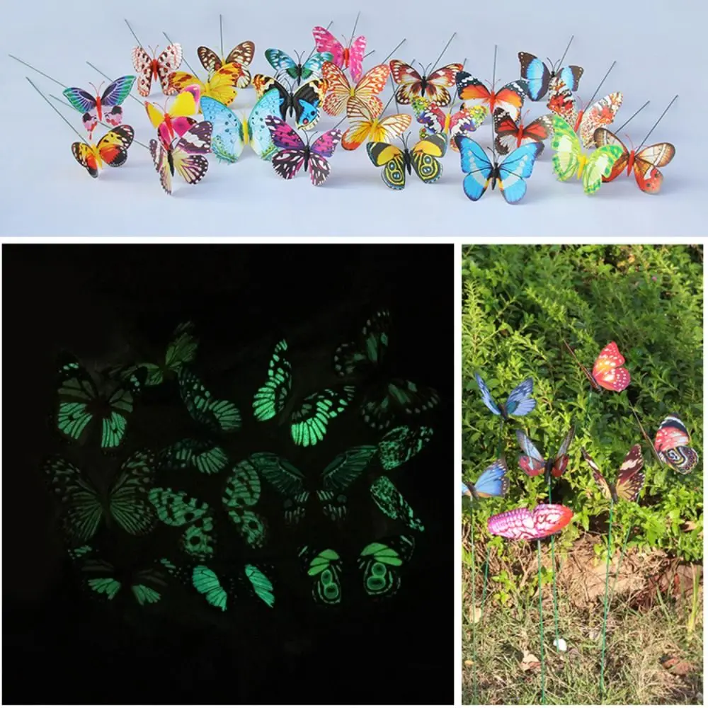 

10cm Mixed Color Bonsai Ornaments Artificial Butterfly with Rods Garden Decoration Glow In Dark 3D Luminous Butterflies