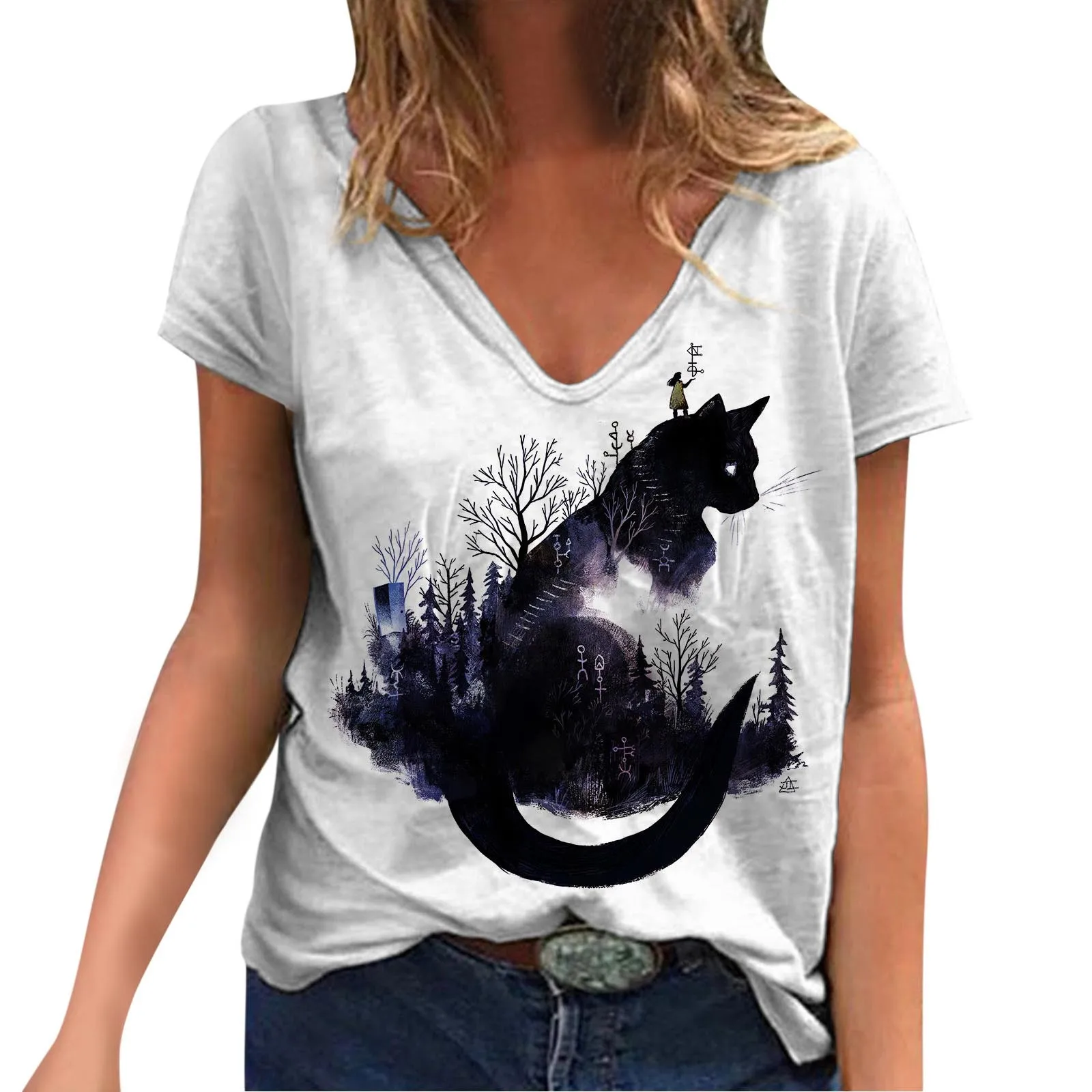 

Женская Свободная блузка с коротким рукавом и V-образным вырезом