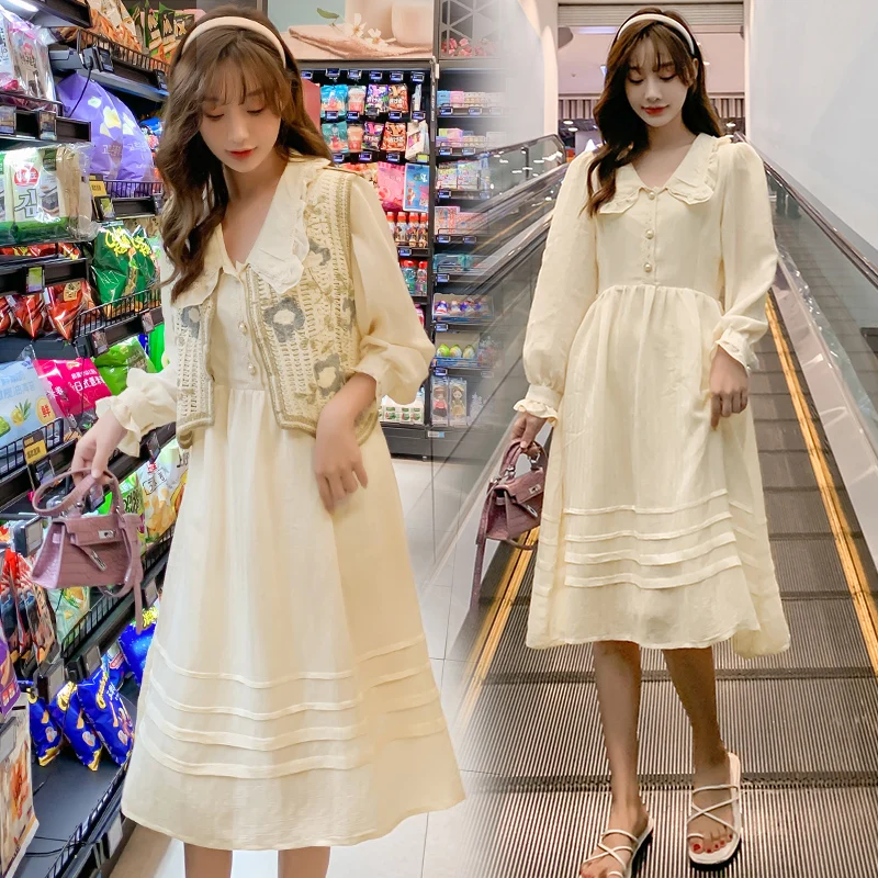 Осенняя одежда для беременных женщин 2024 милое платье с длинным рукавом и