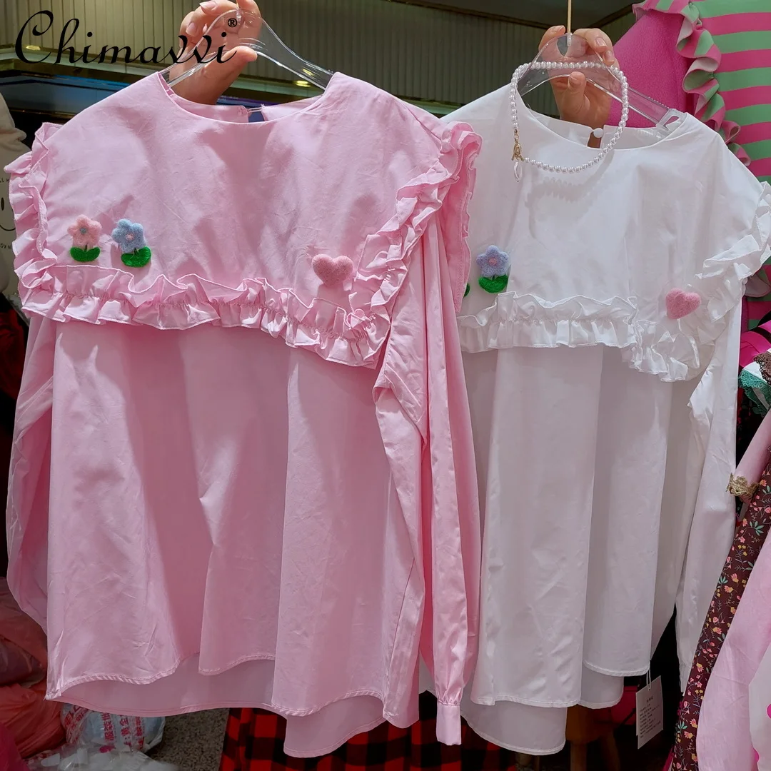 

Новинка Весна 2022, Женские однотонные Блузы с кружевным цветочным воротником и кукольным воротником, Новая модная Милая Свободная рубашка д...