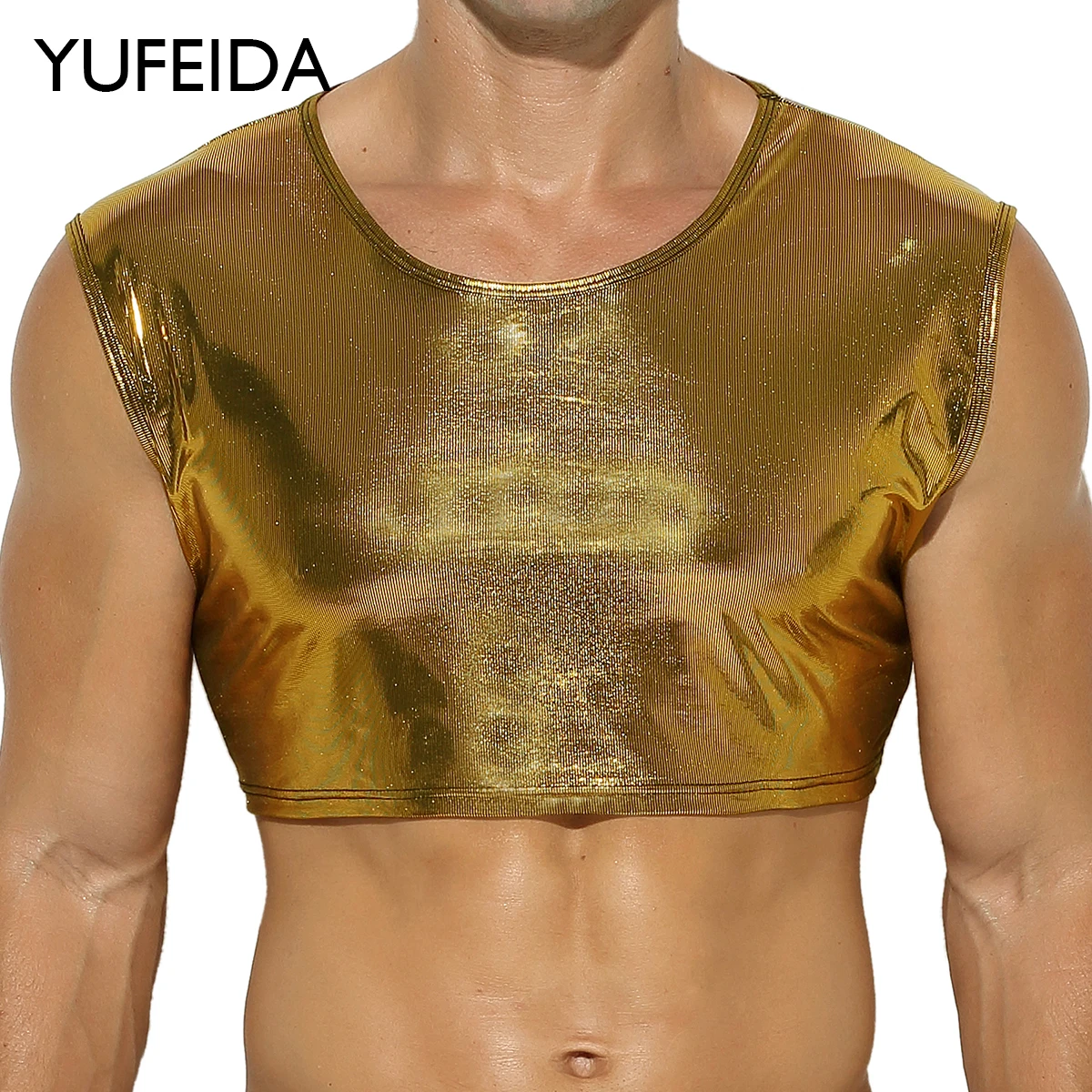 

YUFEIDA Mens Tank Tops Sexy Cropped Faux Leather 2023 Round Neck Sleeveless Sexy Vests Streetwear Party Nightclub Men Crop Tops