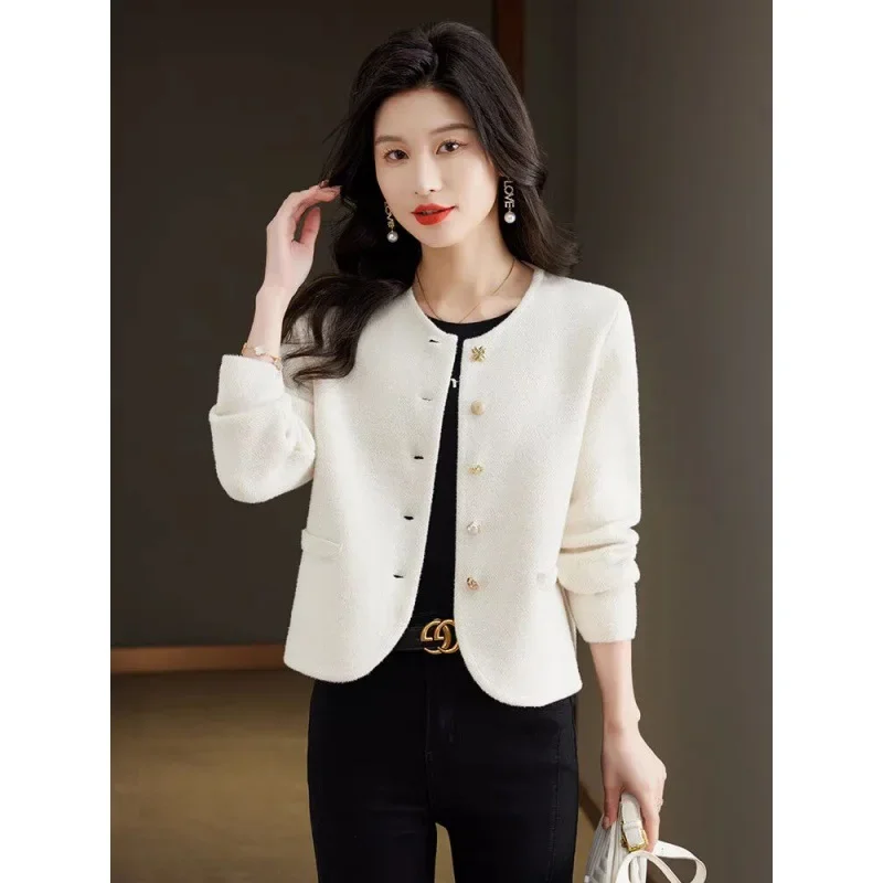 Твидовый стильный женский осенне-зимний вязаный кардиган укороченный