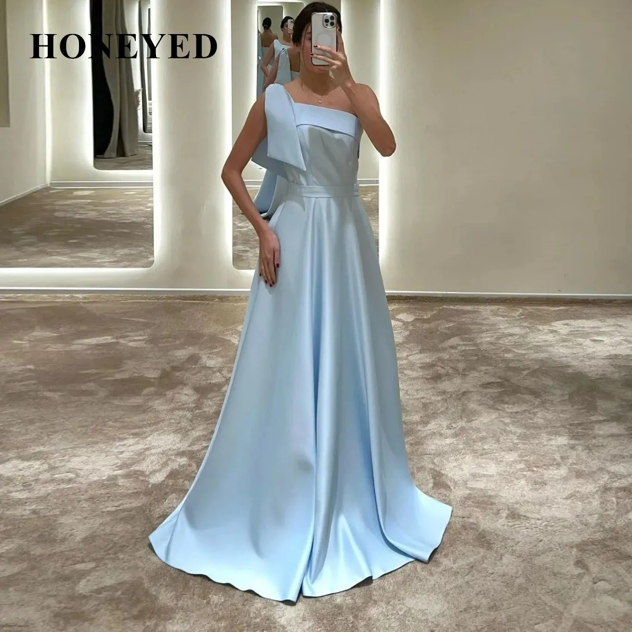

Honeyed SleevelessEightale Light Blue Evening Dresses One Shoulder A-Line Floor Length Satin Prom Party GownAbiye Robe De Soiree