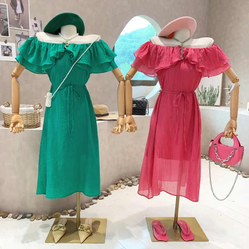

New Women's Clothing 2022 Summer Off shoulder Ruffled slim Short sleeve lace up mid length dress