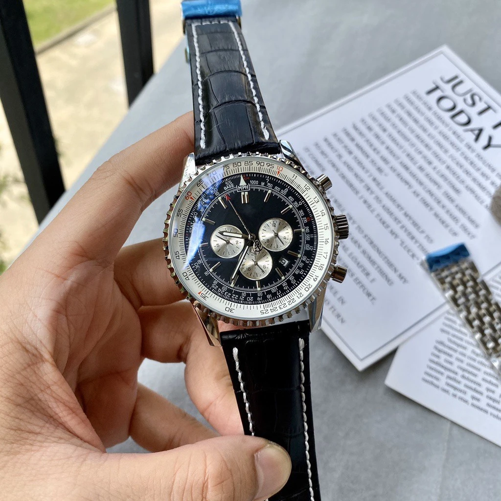 

High-Top Aviation Quartz Chronograph Movement 43mm Mens Watch Stainless Steel Black Leather Sapphire Glass