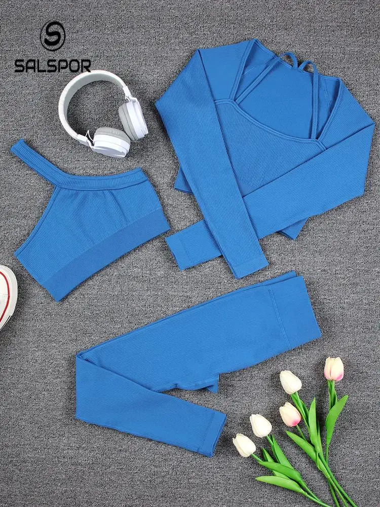 

SALAPOR 2/3 Piece Women Sports Sets Seamless Leggings Suits for Fitness Thread Push Up Tracksuit Workout Ribbed Woman Clothes