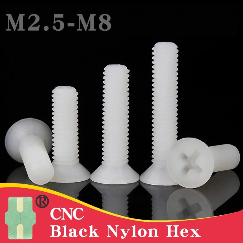 

M2.5 M3 M4 M5 M6 M8 Black White Nylon Flat Head Machine Screw Phillips Metric Thread Countersunk Bolt Thread Length 5mm~40mm