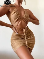newasia glitter halter dress hollow out drawstring ruched tie up 2 layer sexy mini dress party bodycon dresses for women 2021