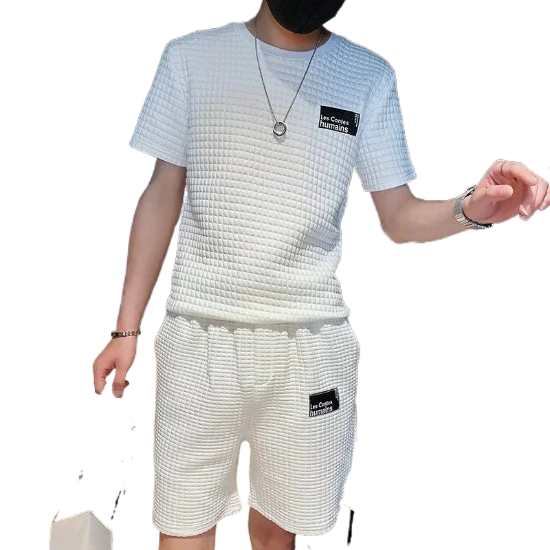 

Suit Men's Summer Leisure Sports Fashion Waffle Shorts Short Sleeves Two Handsome Men's Clothes a Set of Fashion Brand Handsome