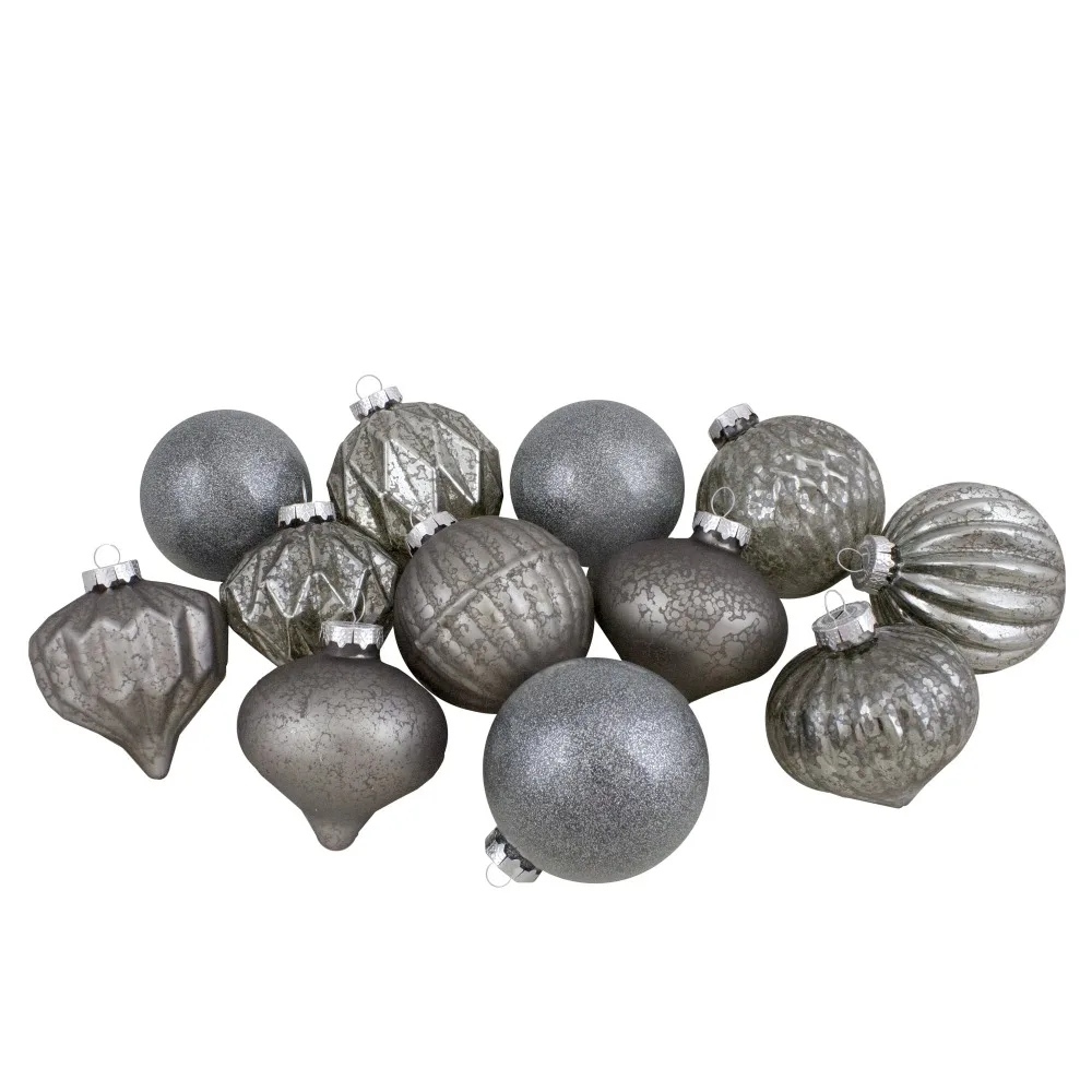 

Neutral Tone Finial Hanging Gray Glass Christmas Ball Ornaments, 12 Count
