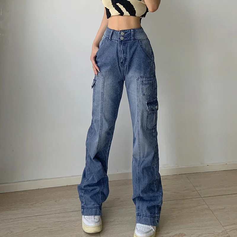 

Casual Women Jeans Y2K Aesthetic Streetwear Vintage Irregular Multi-pocket Straight Trousers Baggy Denim Cargo Pants 여성용 바지