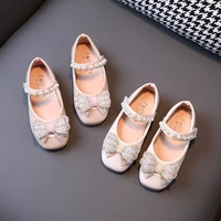 girls leather shoes childrens soft soled princess spring shallow new korean big kids girls bow rhinestone pearls dress shoes