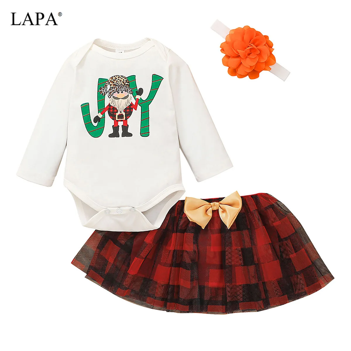 

LAPA Baby Girls, 3-24m, Long Sleeve Cute Cartoon Check Skirt Set 3 Piece Round Neck Spring/Autumn Casual Outfits