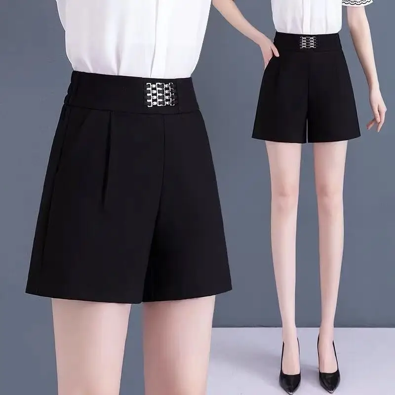 Fashion All-match Female Solid High Waist Shorts Office Lady Korean Simplicity Sequined Spliced Loose Shorts Women's Clothing