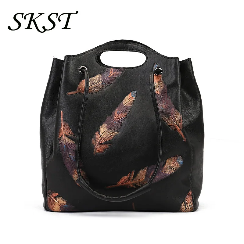 

Retro feather embossed leather women's bag Women's shoulder bag Top layer cowhide fashion commuter handbag one for distribution