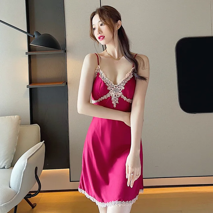 

Sexy Mini Lace Trim Nightgown Intimate Lingerie New Spaghetti Strap Nightdress Summer Women Sleepwear Casual Satin Home Dress