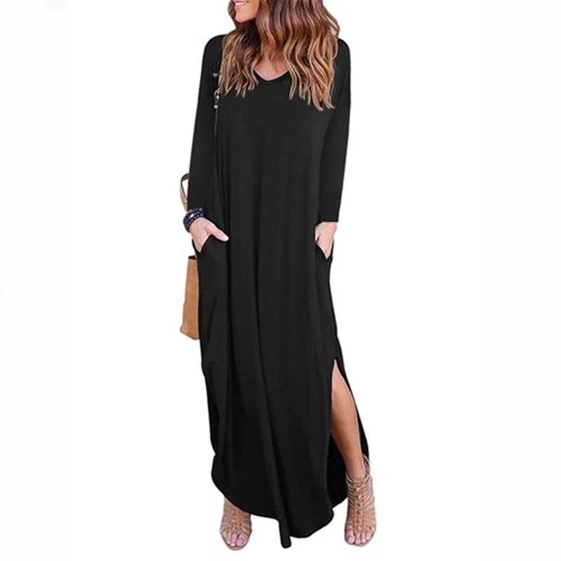 

Women's Summer Maxi Dress Casual Loose Pockets Long Dress Short Sleeve Split