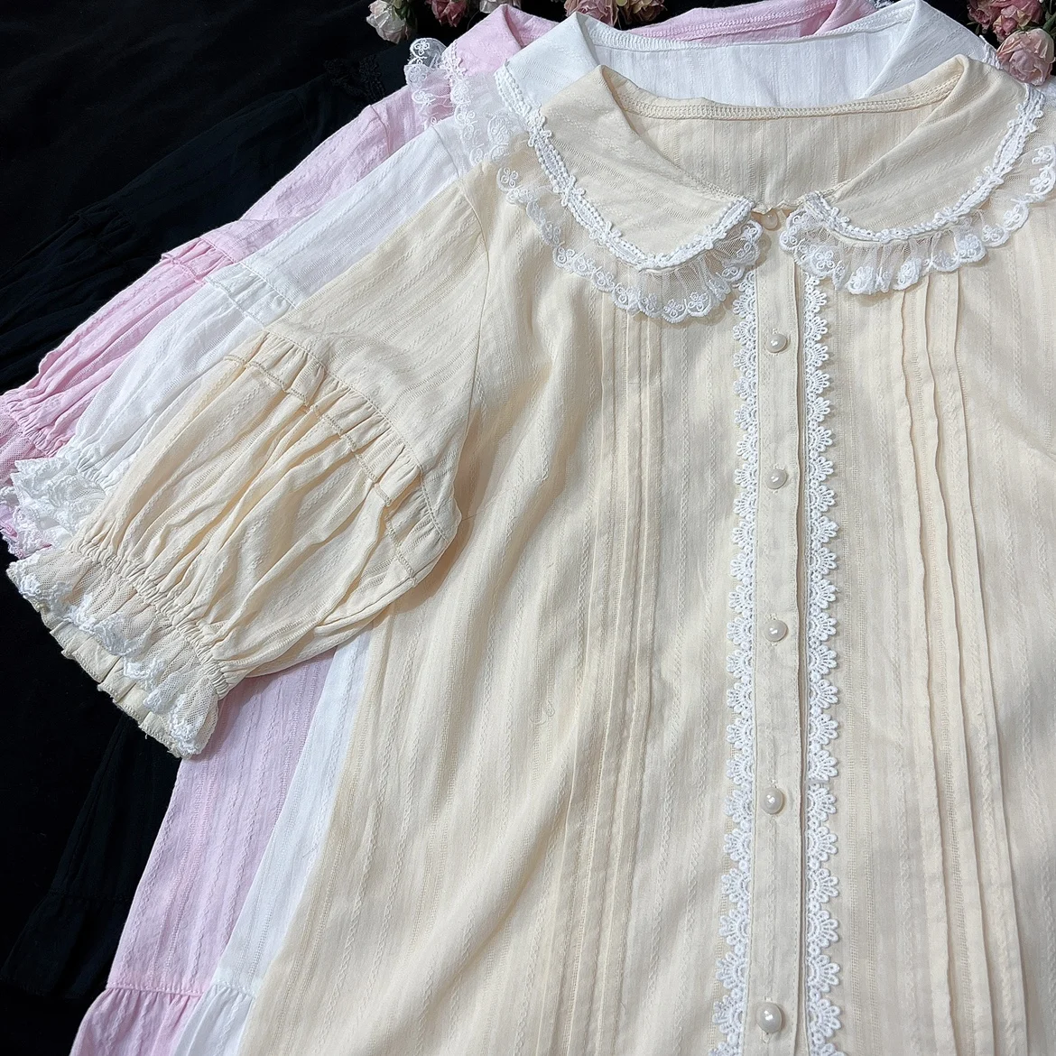 

Little Daisy Cotton Striped Summer Women's Lolita Short Sleeve Peter Pan Collar Blouse Lace Trim Little Bows Cute Shirt