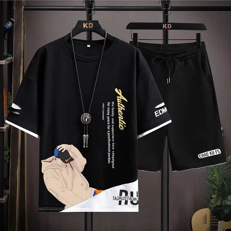 Men Short Sets  Korean Fashion Graphics T-shirt  Letter Print Short Sleeves Matching Shorts Street Hip Hop Clothing