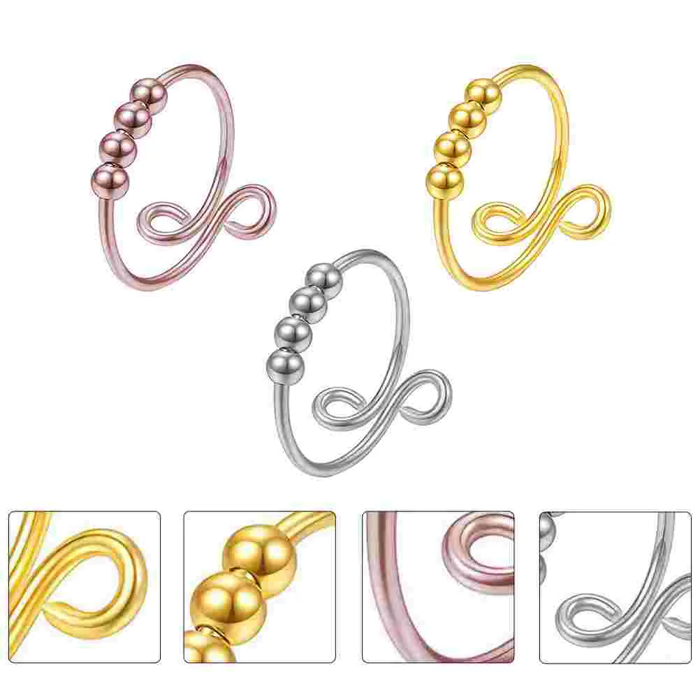 

3 Pcs Braided Ring Adjustable Decor Bead Decors Women¡¯s Rings Rotatable Fidget Anxiety Alloy Relief Miss Women's Band