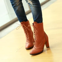 boots women high heel short boots mid calf autumn boots pointed toe ladies shoes lace up casual botas mujer shoes woman