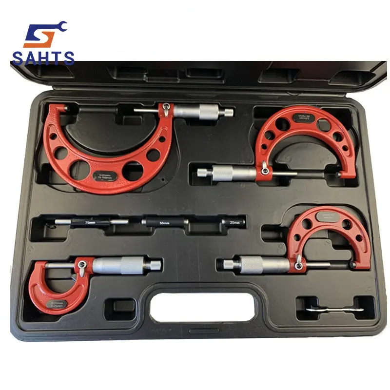 

SAHTS 0-25mm-50mm-75mm-100mm Outside Micrometer Set with Standards Ratchet Stop 0-100mm Range 0.01mm Graduation (4 Piece Set)