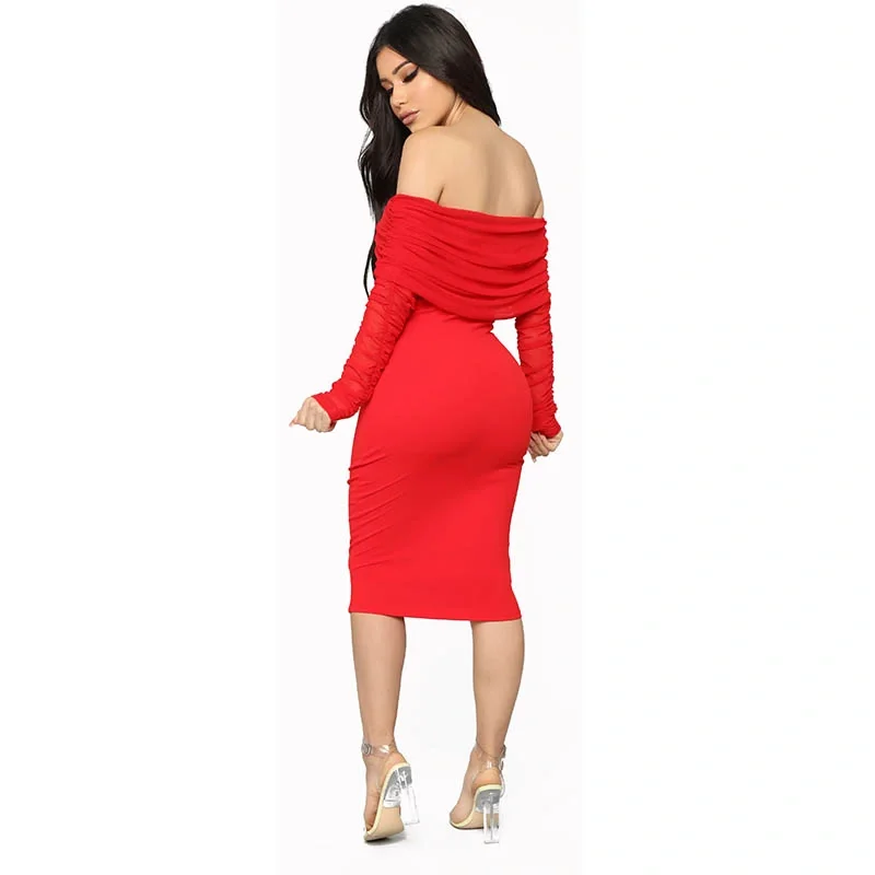 

Hot Sale Solid Color Off The Shoulder Midi Dress