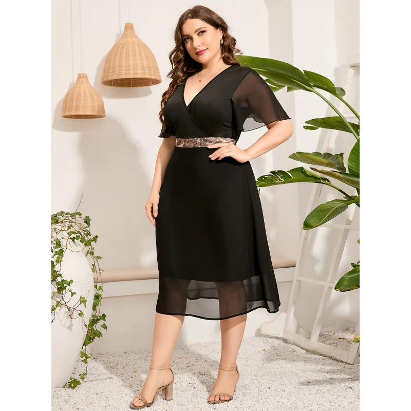 Plus Size 2023 Fashion 3xl 4xl 5xl Women Chiffon Dress Black Loose Mid Dress Casual Bohemian Summer Dresses o 3xl 4xl 5xl 6xl