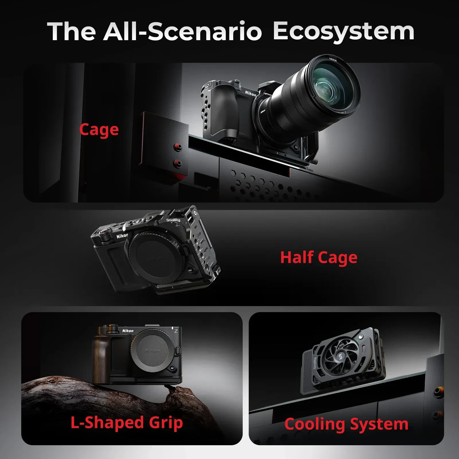 Фото Комплект кейджей SmallRig 5904/5905/5906/6113 HawkLock для Nikon ZR: полноразмерный кейдж, полукейдж, V-Mount Power Cage, деревянная L-образная рукоятка №3