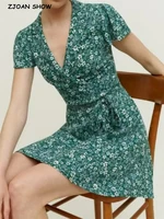 2022 retro french style green flower print wrap dress women notched collar lapel short sleeve tie bow sashes mini robe holiday