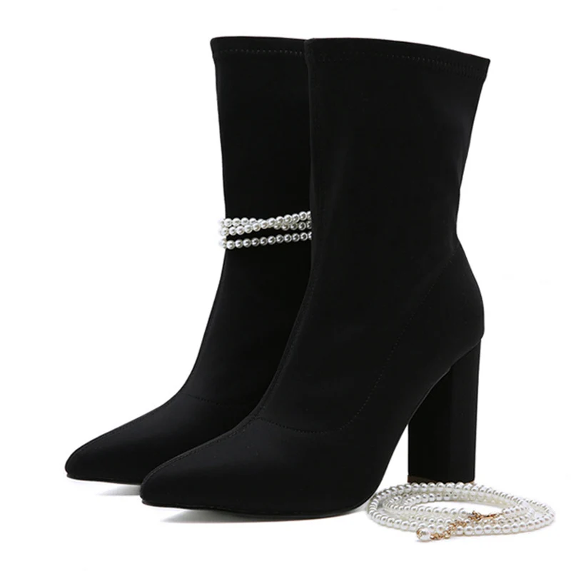 

2022 New Women's Boots Large Size Thick Heel Pointed Pearl Chain High Heel Ankle Boots Mid Tube Women Boots