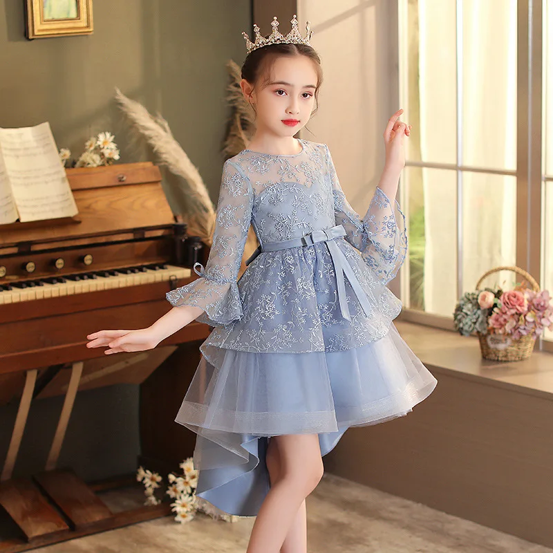

New Fashion Children Children's Dress Fluffy Flared Sleeves Autumn Girl Princess Blue Trendy Children's Party Wedding Dress
