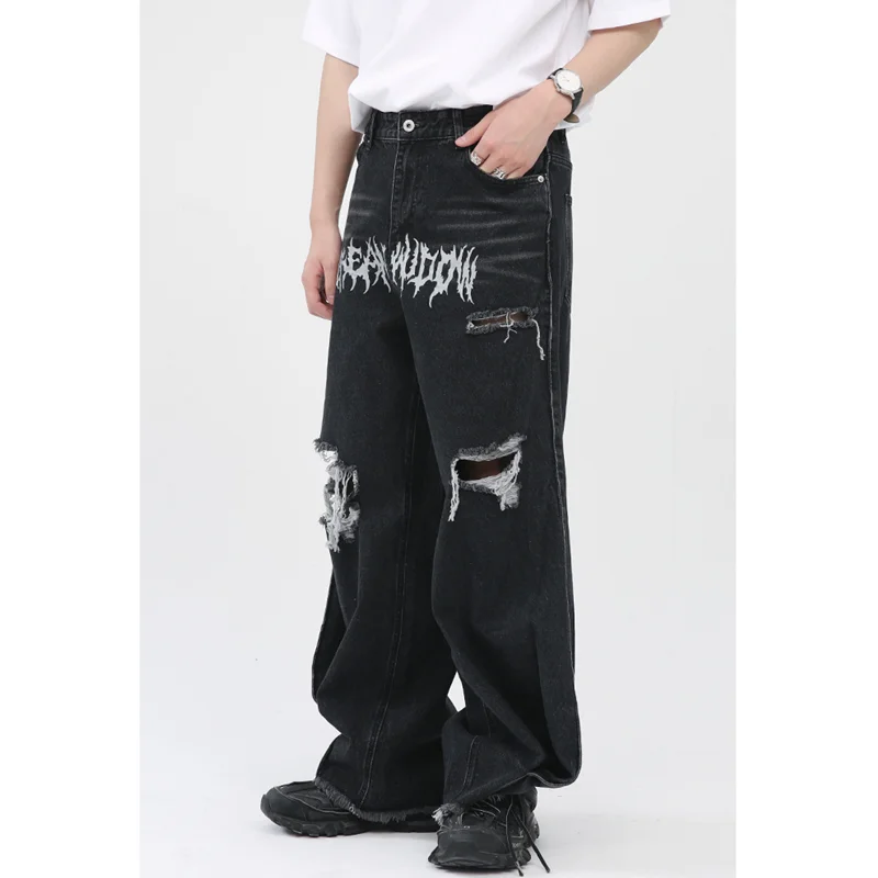 Streetwear Men Hip Hop Loose Straight Cylinder Letter Printing Casual Pants Versatile Comfortable Jeans Autumn and Winter Female