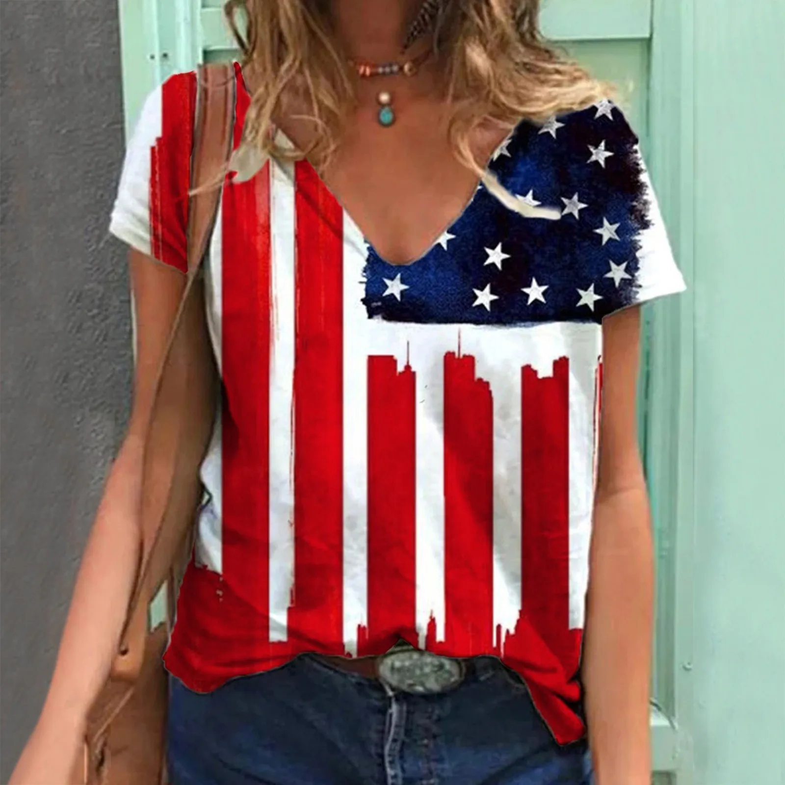 

Women American Star Flag Top Shirt V Neck Shirt Fashion Short Sleeve Top Independence Day Loose Shirt Women Shirts with