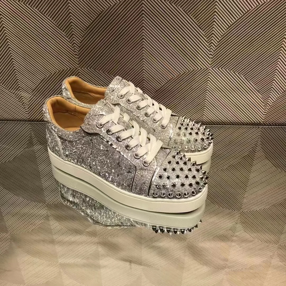 

Luxury Leather NEW Red Sole Men's Shoes Rhinestone Rivets High Top Women's Shoes Sneakers