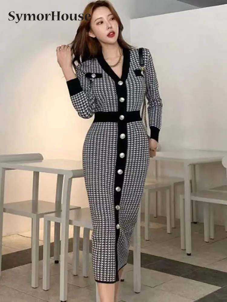 

Autumn Winter Elegant V-Neck Houndstooth Knitted Pencil Dress Women Simple Slim Single-Breasted Bodycon Dresses Office Vestidos