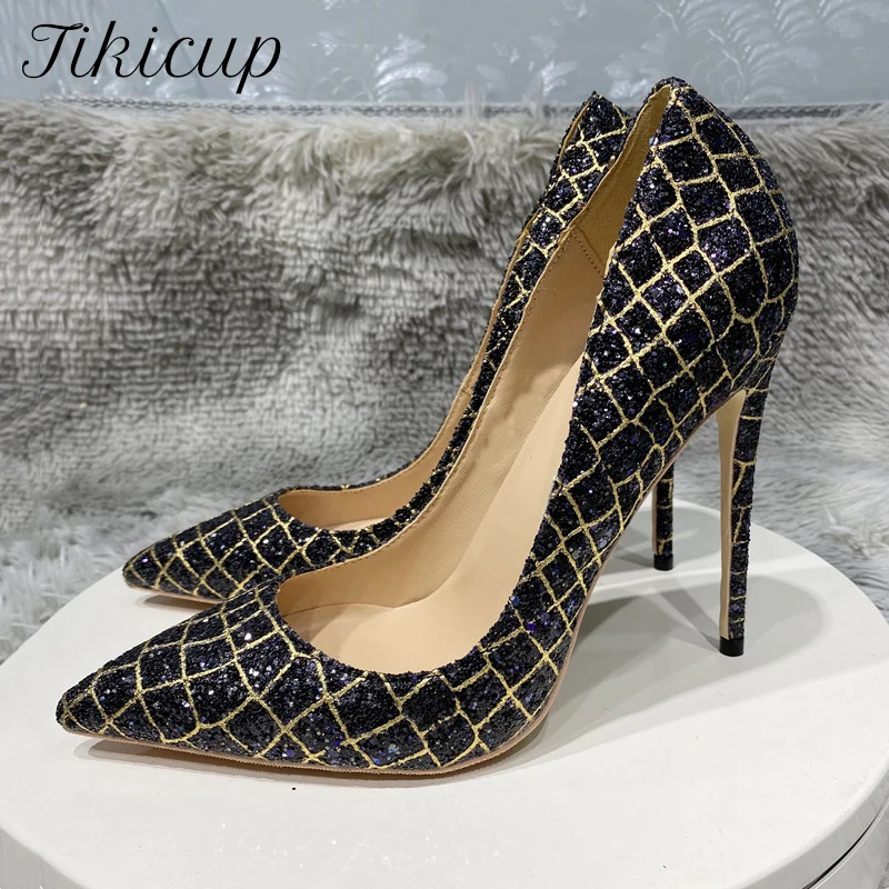 

Tikicup Black Glitter Crocodile Effect Pattern Women Sexy Pointy Toe High Heel Party Shoes 8cm 10cm 12cm Slip On Stiletto Pumps