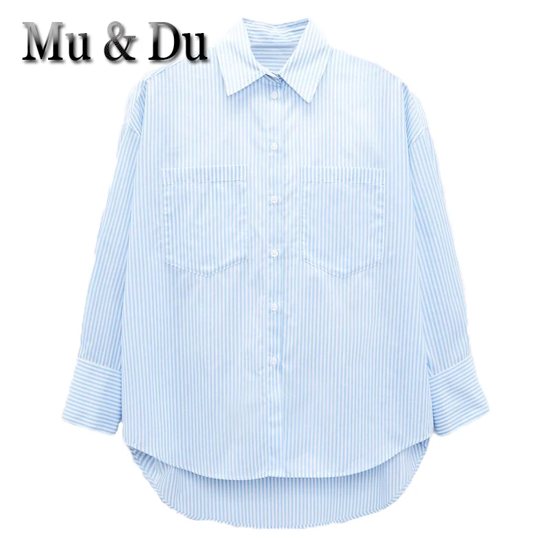 

Mu&Du 2023 Summer New Women's Basic Stripe Pocket Shirts Office Lady Casual Versatile Loose Blouse Female Ropa Mujer Blusas Tops