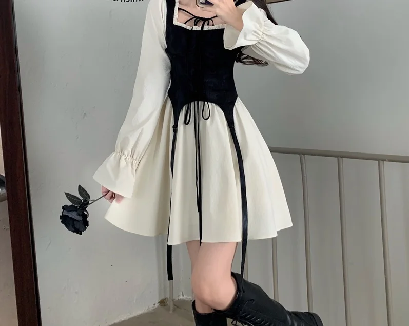 

Милое винтажное платье Y2k в стиле пэчворк на весну и осень, милое женское Повседневное платье с бантом на шнуровке и длинным рукавом в стиле Харадзюку, клубное мини-платье