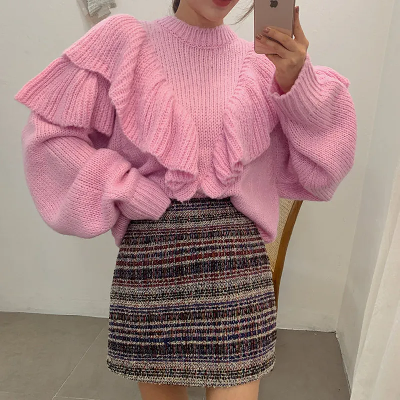 

2022 New Autumn Korean Loose Ruffle Sweater Women Pink Beige Solid Knitted Pullovers Winter Warm Sweaters Plus Size Pull Female
